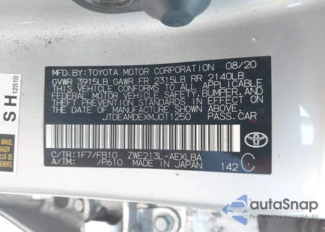 2021 Toyota Corolla Hybrid Le z USA, uszkodzony, nr VIN JTDEAMDEXMJ011250